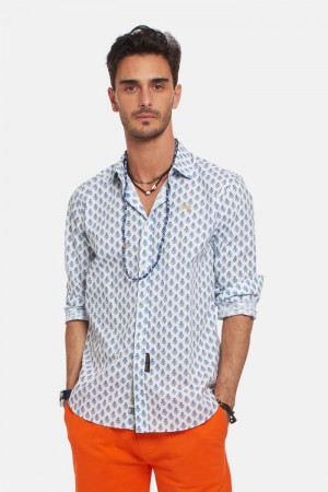 πουκαμισα La Martina ανδρικα Slim-fit Poplin ασπρα μπλε | JNF-0444